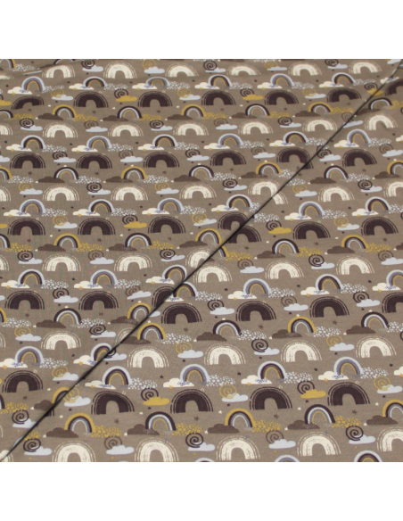 Jersey coton & élasthanne - Arc-en-ciel fond taupe