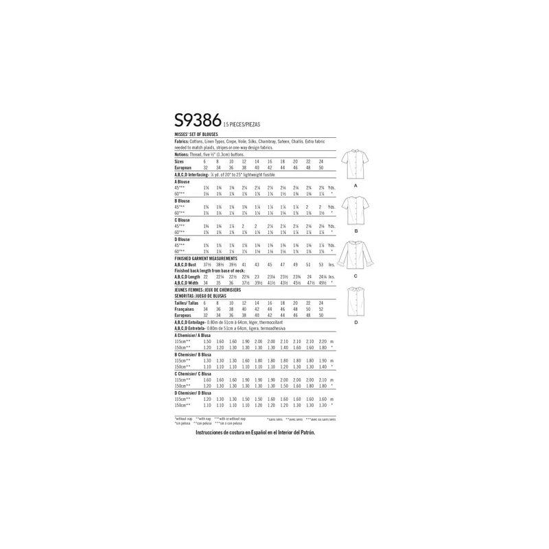 Patron Simplicity 9386.H5 - Lot de chemisiers pour femme