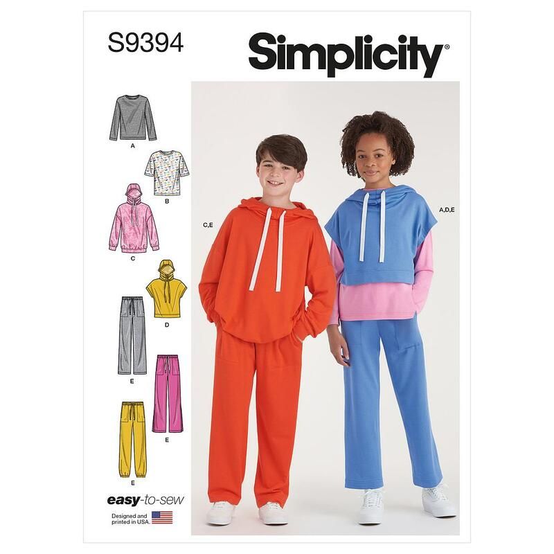 Patron Simplicity 9394.A - Sweats à capuche, pantalons et hauts en tricot surdimensionnés pour garçons et filles