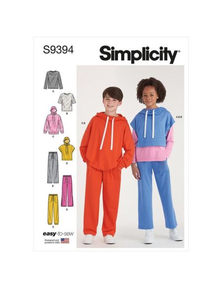 Patron Simplicity 9394.A - Sweats à capuche, pantalons et hauts en tricot surdimensionnés pour garçons et filles