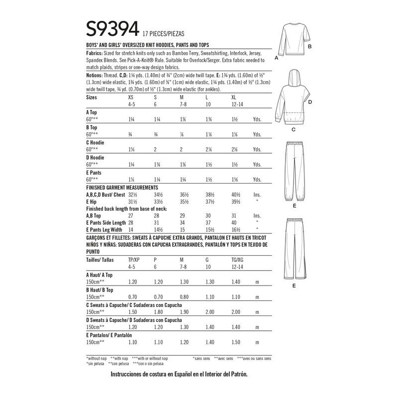 Patron Simplicity 9394.A - Sweats à capuche, pantalons et hauts en tricot surdimensionnés pour garçons et filles