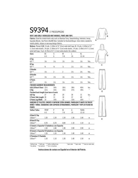 Patron Simplicity 9394.A - Sweats à capuche, pantalons et hauts en tricot surdimensionnés pour garçons et filles