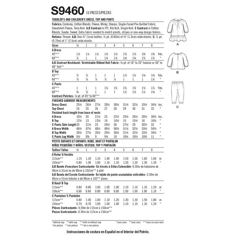 Patron Simplicity 9460.A - Robe, haut et pantalon pour tout-petits et enfants