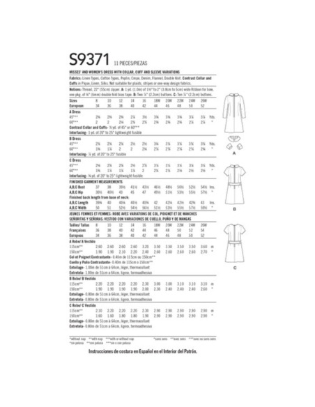 Patron Simplicity 9371.F5 - Robe pour femme et femme avec variations de col, de manchette et de manche