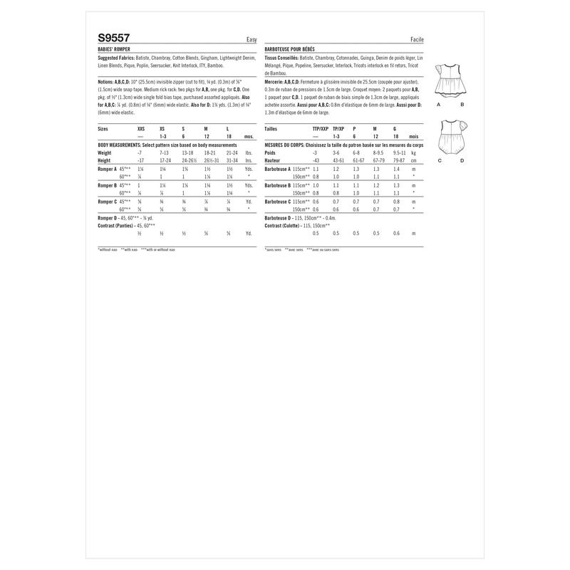 Patron Simplicity S9557.A - Barboteuse pour bébés