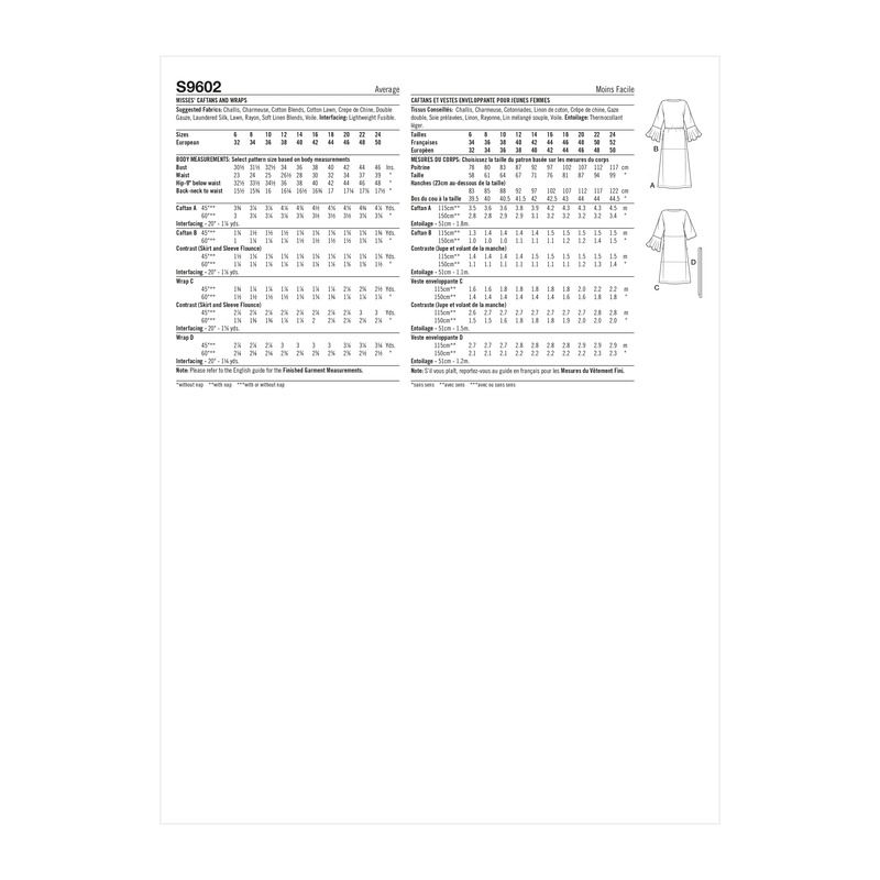 Patron Simplicity S9602.U5 - Caftans et Vestes enveloppantes pour jeunes filles