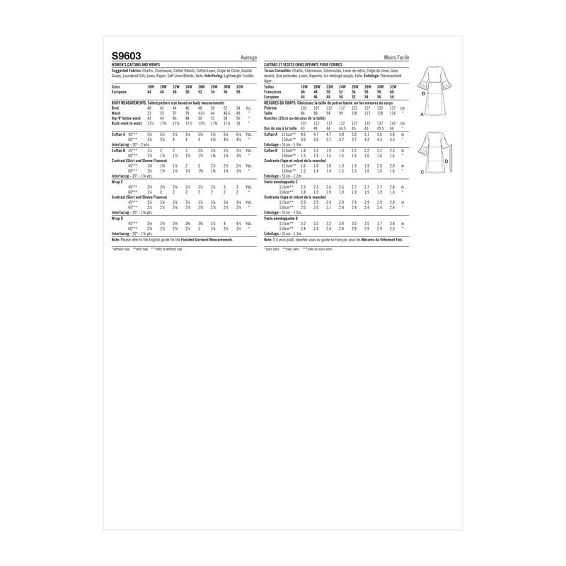 Patron Simplicity S9603.FF - Caftans et Vestes enveloppantes pour dames