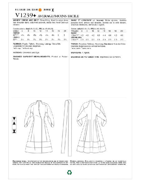 Patron Vogue 1239 AA - Robe ajustée doublée avec ceinture