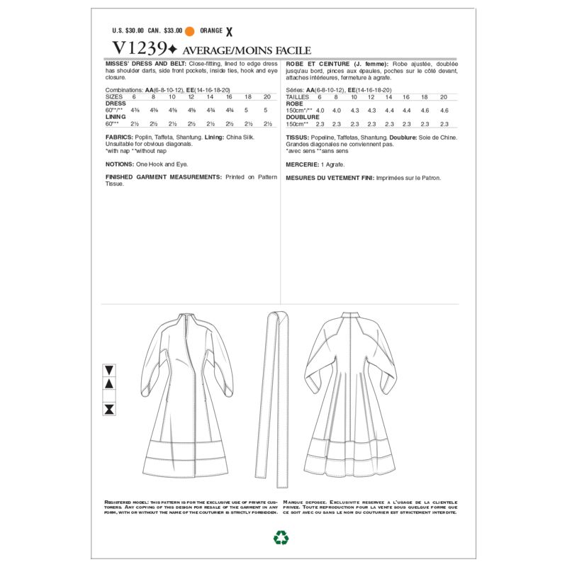 Patron Vogue 1239 EE - Robe ajustée doublée avec ceinture