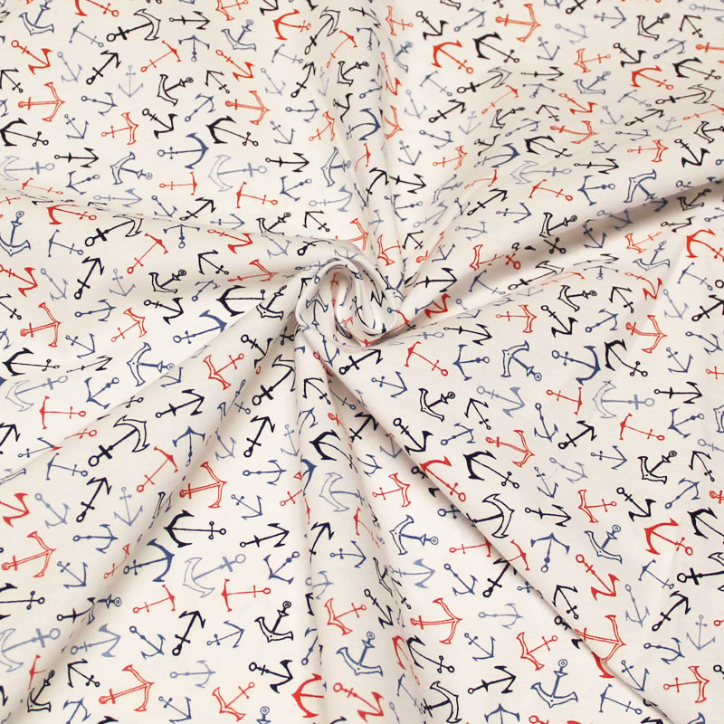 Popeline 100% coton - Ancre multicolore fond blanc optique