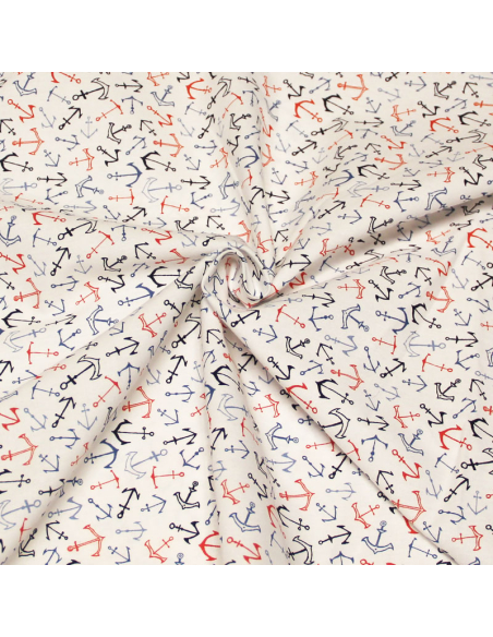 Popeline 100% coton - Ancre multicolore fond blanc optique