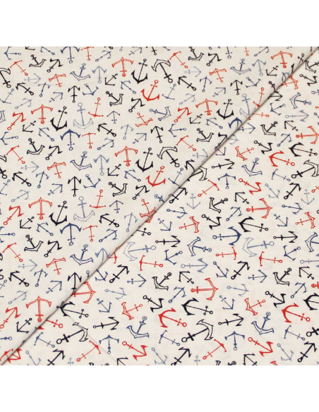 Popeline 100% coton - Ancre multicolore fond blanc optique