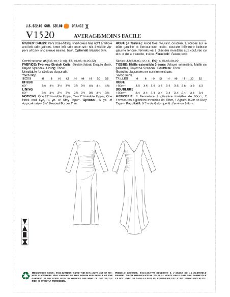 Patron Vogue 1520 A5 - Robe très moulante à fronces, traîne et fermetures à glissière invisibles