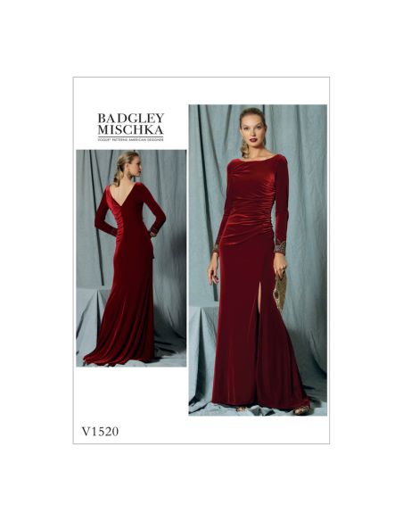 Patron Vogue 1520 A5 - Robe très moulante à fronces, traîne et fermetures à glissière invisibles
