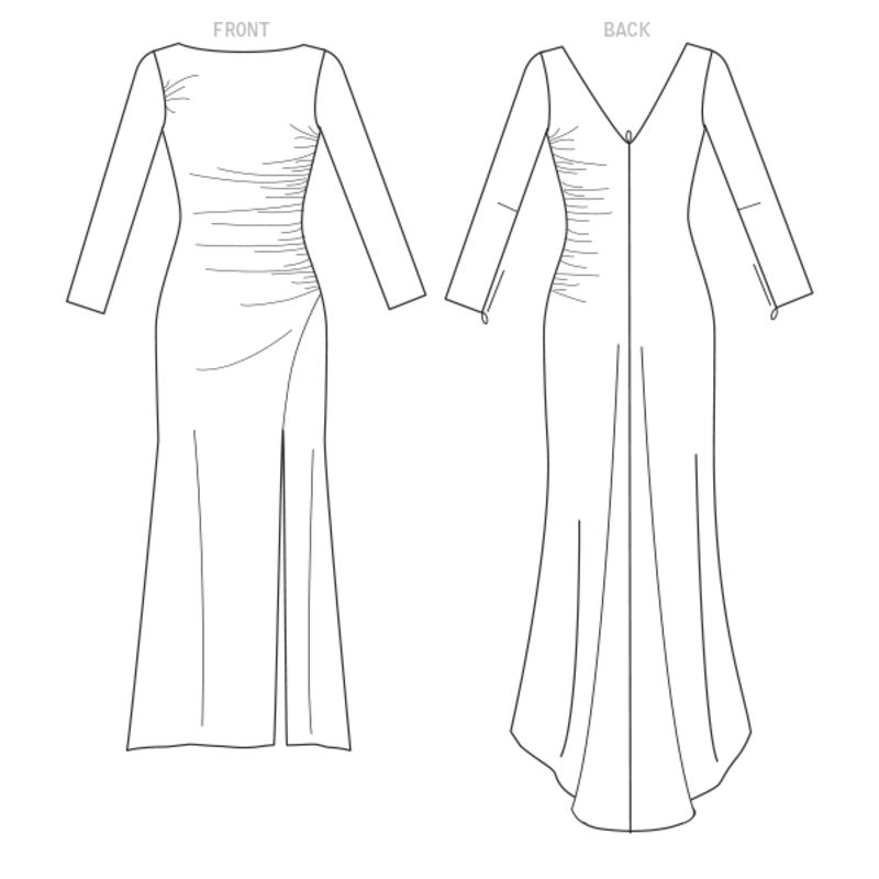 Patron Vogue 1520 A5 - Robe très moulante à fronces, traîne et fermetures à glissière invisibles