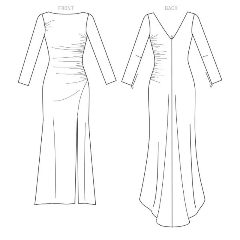 Patron Vogue 1520 A5 - Robe très moulante à fronces, traîne et fermetures à glissière invisibles