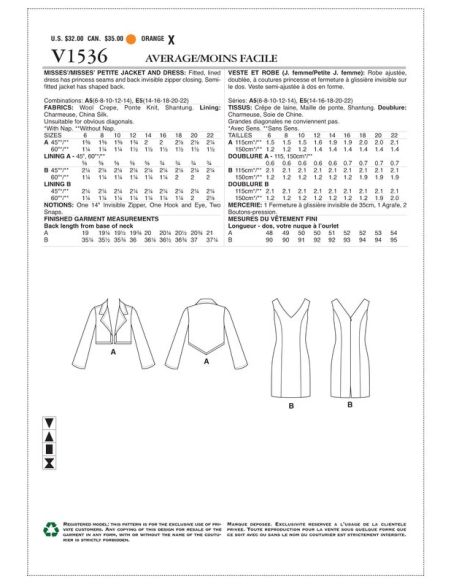 Patron Vogue 1536 A5 - Robe ajustée doublée à coutures princesse avec veste semi-ajustée à dos en forme