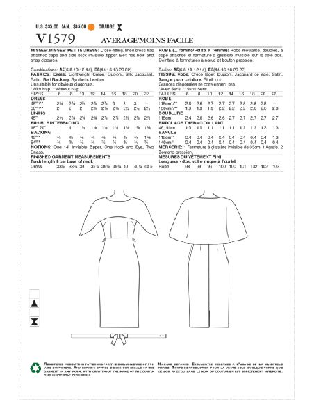 Patron Vogue 1579 A5 - Robe moulante doublée avec cape attachée et ceinture à nœud
