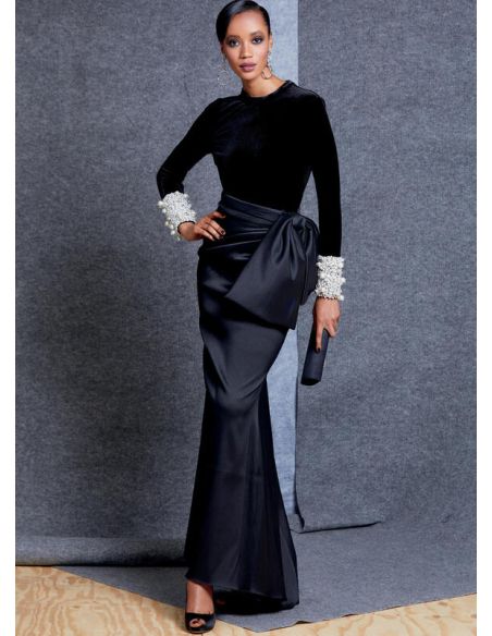 Patron Vogue 1605 A5 - Haut moulant avec fermetures à glissière et jupe ajustée avec détail de pli et nœud