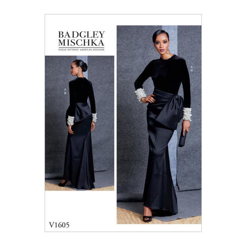 Patron Vogue 1605 A5 - Haut moulant avec fermetures à glissière et jupe ajustée avec détail de pli et nœud