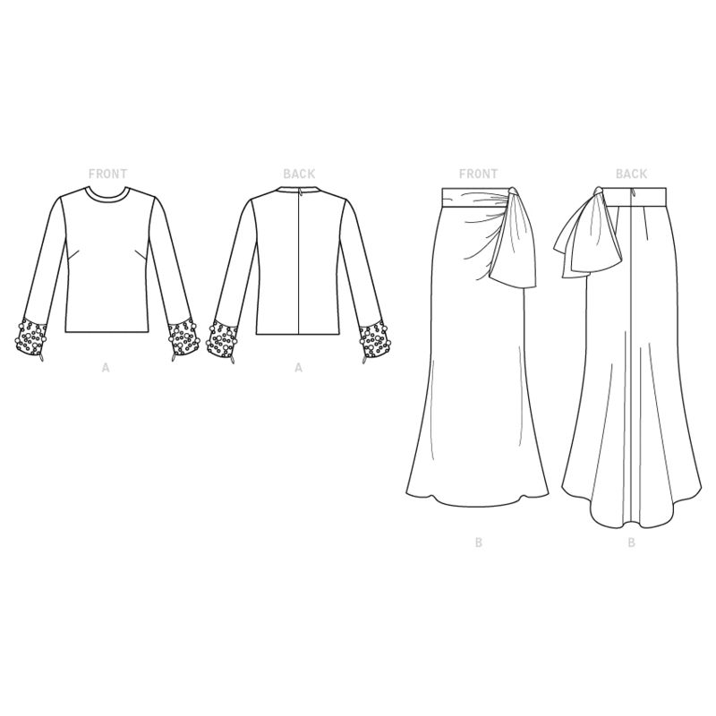 Patron Vogue 1605 E5 - Haut moulant avec fermetures à glissière et jupe ajustée avec détail de pli et nœud