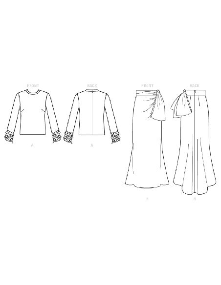 Patron Vogue 1605 E5 - Haut moulant avec fermetures à glissière et jupe ajustée avec détail de pli et nœud