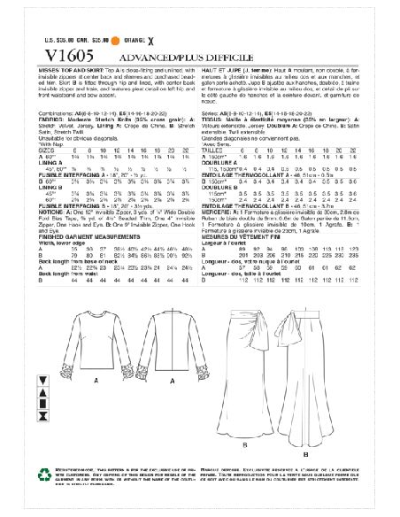 Patron Vogue 1605 E5 - Haut moulant avec fermetures à glissière et jupe ajustée avec détail de pli et nœud