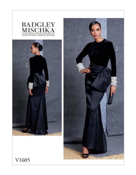 Patron Vogue 1605 E5 - Haut moulant avec fermetures à glissière et jupe ajustée avec détail de pli et nœud