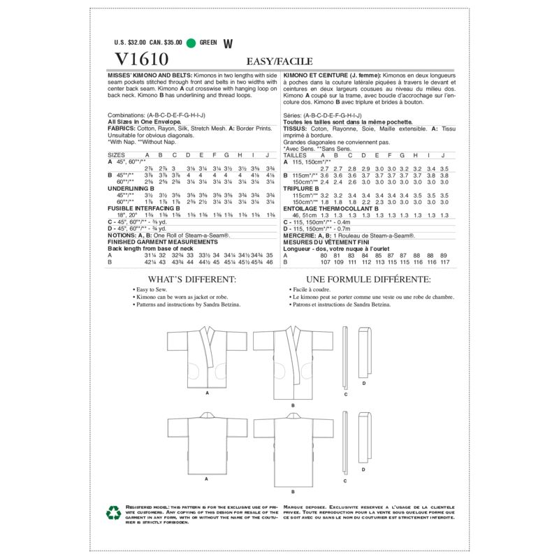 Patron Vogue 1610 OSZ - Kimono avec ceinture
