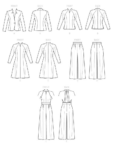 Patron Vogue 1741 E5 - Ensemble veste ajustée, robe, pantalon large et combinaison