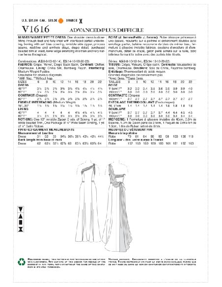 Patron Vogue 1616 E5 - Robe une épaule moulante avec drapé et traîne