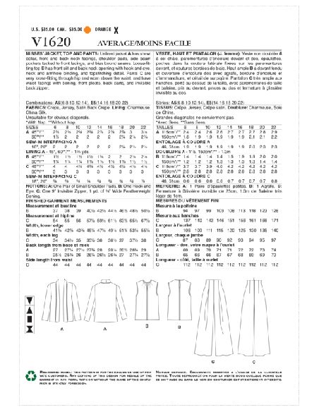 Patron Vogue 1620 A5 - Veste, haut et pantalon polyvalents
