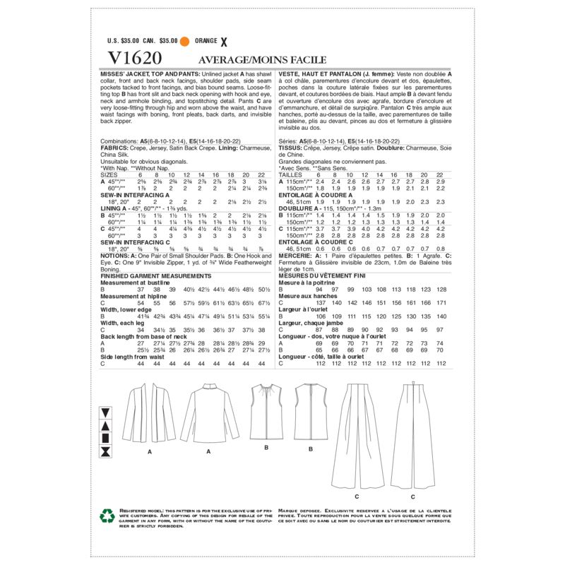Patron Vogue 1620 E5 - Veste, haut et pantalon polyvalents