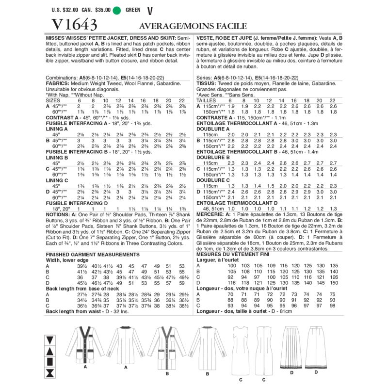 Patron Vogue 1643 E5 - Ensemble boutonné et jupe plissé