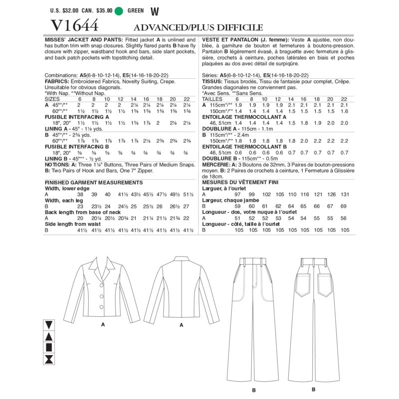 Patron Vogue 1644 A5 - Ensemble veste et pantalon