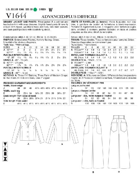 Patron Vogue 1644 A5 - Ensemble veste et pantalon