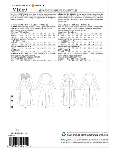 Patron Vogue 1669 A5 -Manteau Femme Doublé