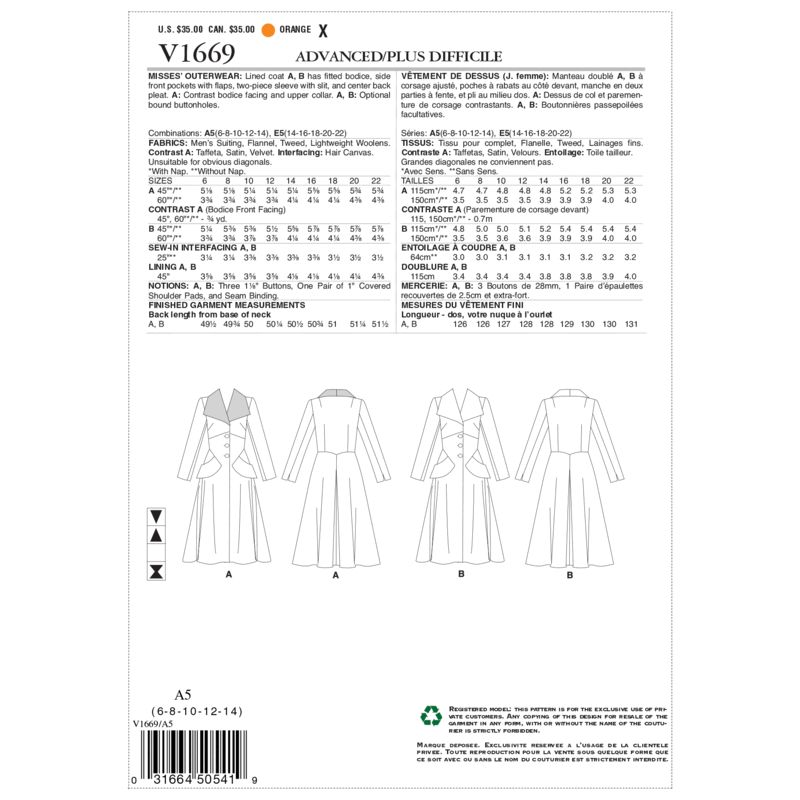 Patron Vogue 1669 E5 -Manteau Femme Doublé