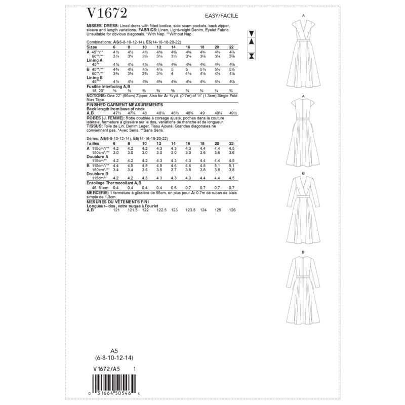 Patron Vogue 1672 E5 - Robes ajustées avec poches