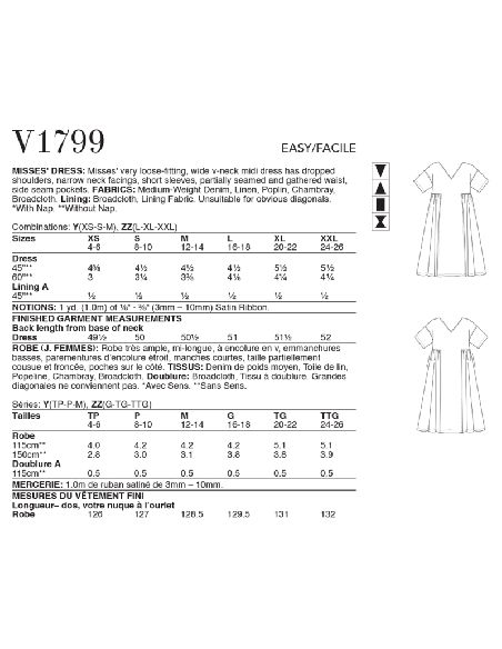 Patron Vogue 1799 ZZ - Robe évasée à col V avec fronces