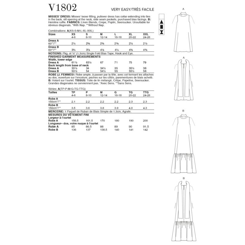 Patron Vogue 1802 A - Robe évasée avec col montant et lien noué à l'arrière