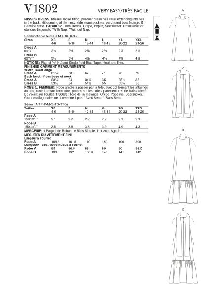 Patron Vogue 1802 A - Robe évasée avec col montant et lien noué à l'arrière