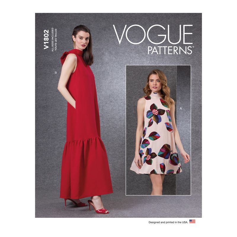 Patron Vogue 1802 A - Robe évasée avec col montant et lien noué à l'arrière