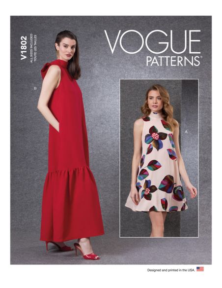 Patron Vogue 1802 A - Robe évasée avec col montant et lien noué à l'arrière