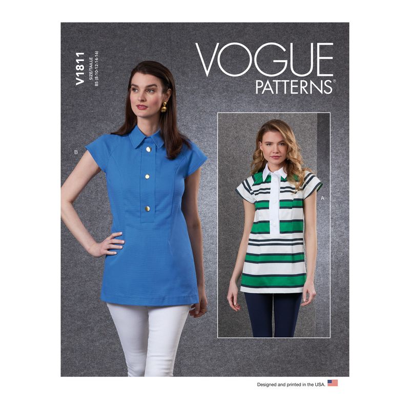 Patron Vogue 1811 F5 - Top et tunique femme légèrement cintrée à col de chemise et manches raglan