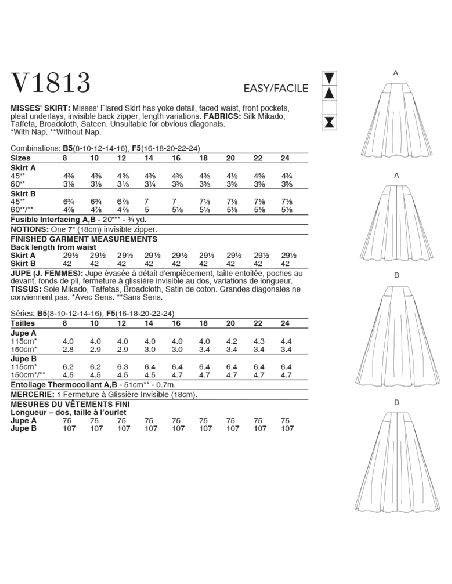 Patron Vogue 1813 F5 - Jupe évasée à plis avec poches frontales