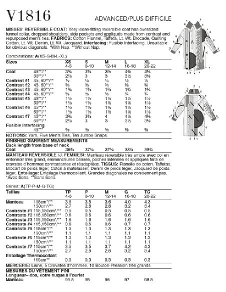 Patron Vogue 1816 A - Manteau femme oversized et réversible
