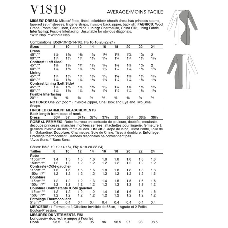 Patron Vogue 1819 F5 - Robe droite à découpe frontale asymétrique