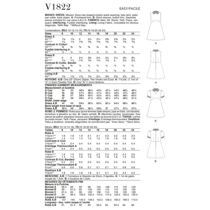 Patron Vogue 1822 B5 - Robe empire à col Claudine