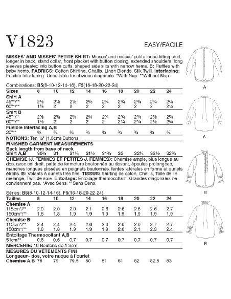 Patron Vogue 1823 F5 - Chemise femme large, col montant, option volants